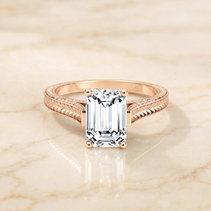 The Aida Hand Engraved Vintage Cathedral Solitaire Emerald Cut Engagement Ring Setting in 14K Rose Gold