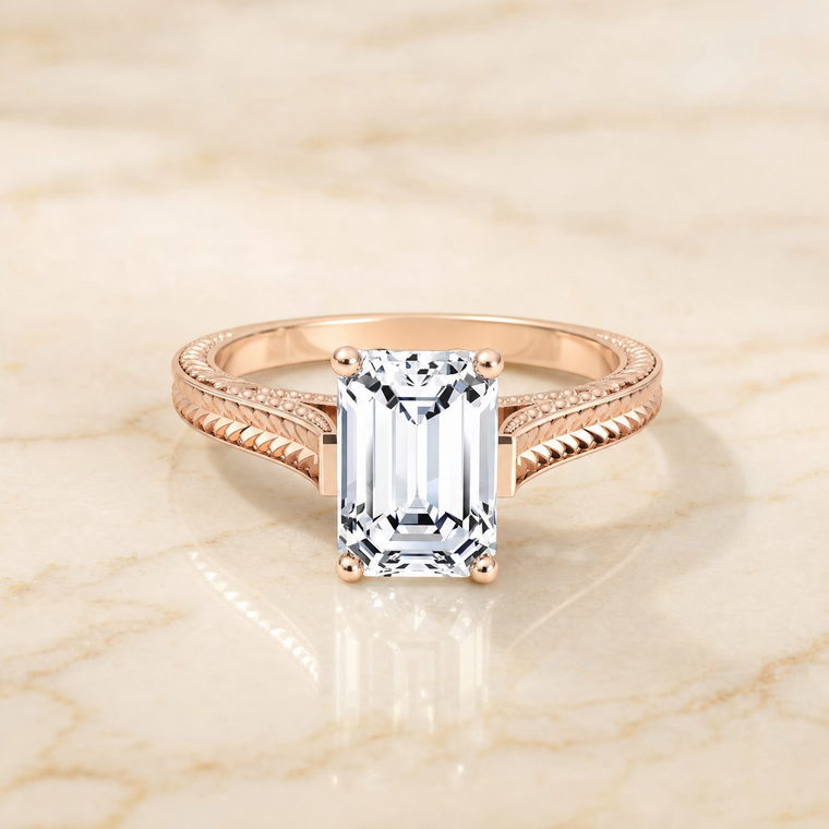 The Aida Hand Engraved Vintage Cathedral Solitaire Emerald Cut Engagement Ring Setting in 14K Rose Gold