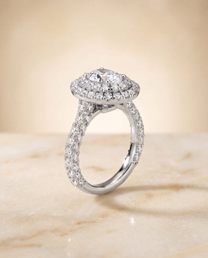Bold Double Halo Oval, in Platinum, pave setting – angled view | RockHer