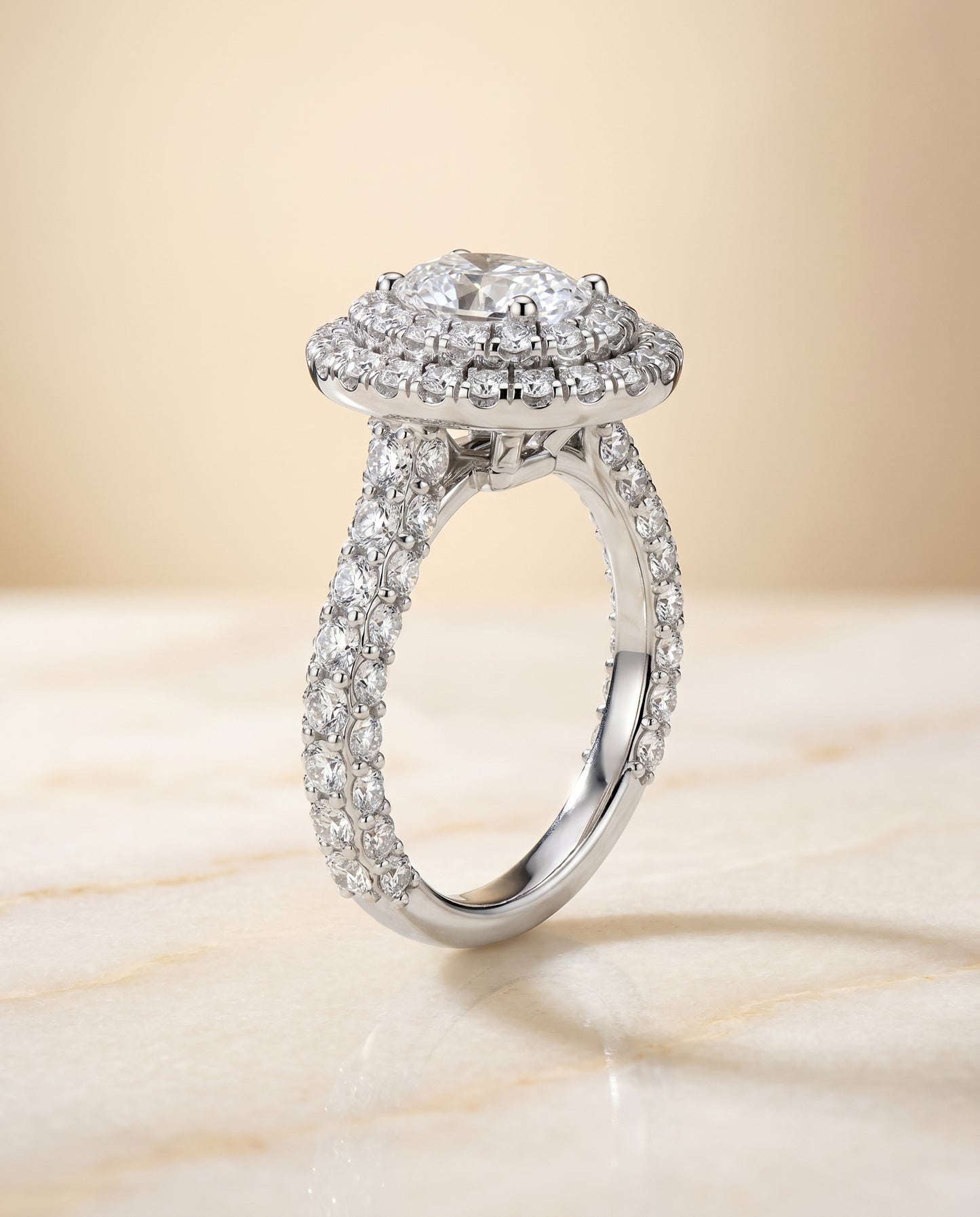 Bold Double Halo Oval, in Platinum, pave setting – front view | RockHer