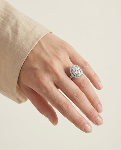 Dinah bold double halo engagement ring in 18K white gold with oval lab diamond — RockHer