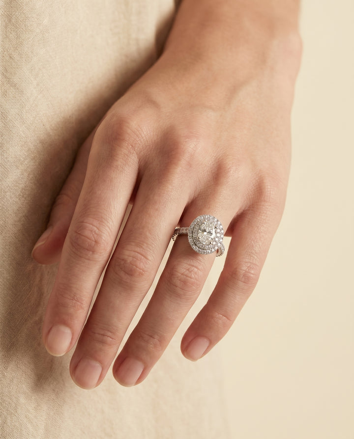 Bold Double Halo Oval, in Platinum, pave setting – lifestyle shot | RockHer