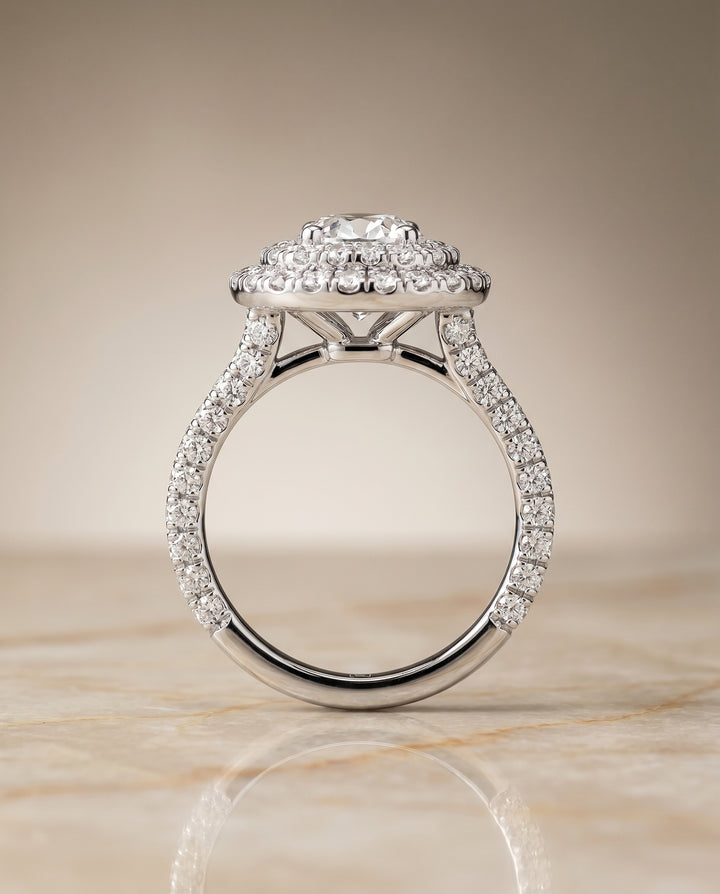 Bold Double Halo Oval, in Platinum, pave setting – side profile | RockHer
