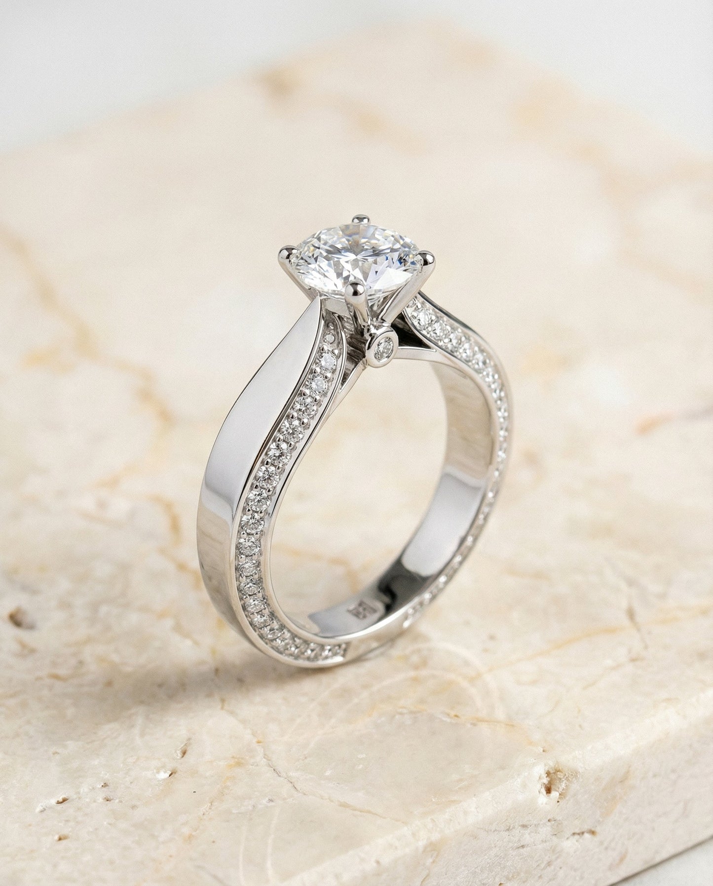 Iola Select bold solitaire secret side pavé round ring in 14K White Gold — front — RockHer
