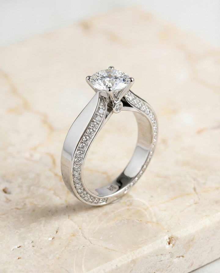 Iola Select bold solitaire secret side pavé round ring in 14K White Gold — front — RockHer