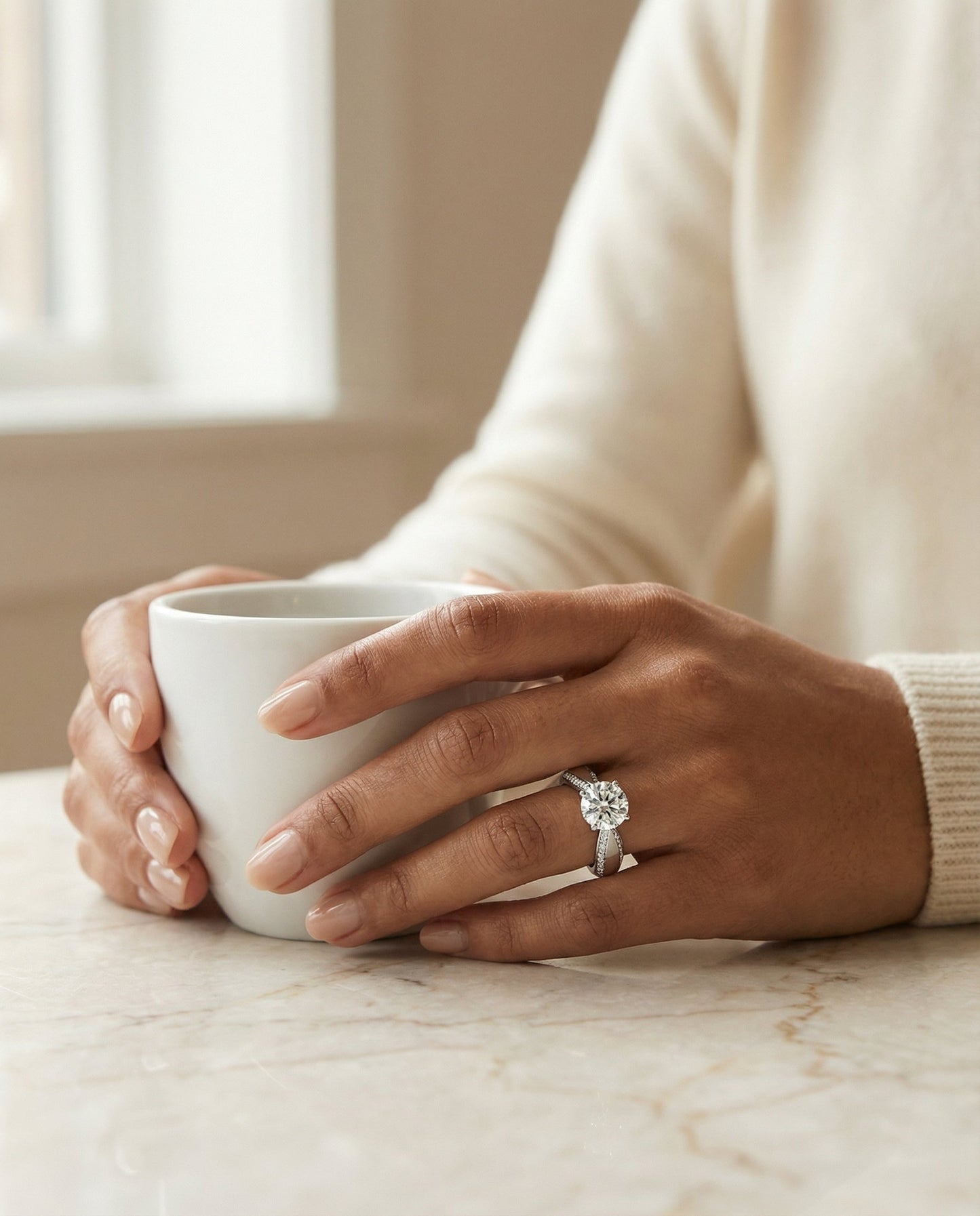 Iola Select bold solitaire secret side pavé round ring in 14K White Gold — side — RockHer