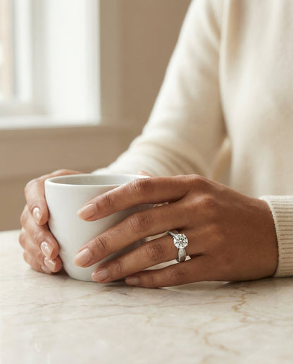 Iola Select bold solitaire secret side pavé round ring in 14K White Gold — side — RockHer