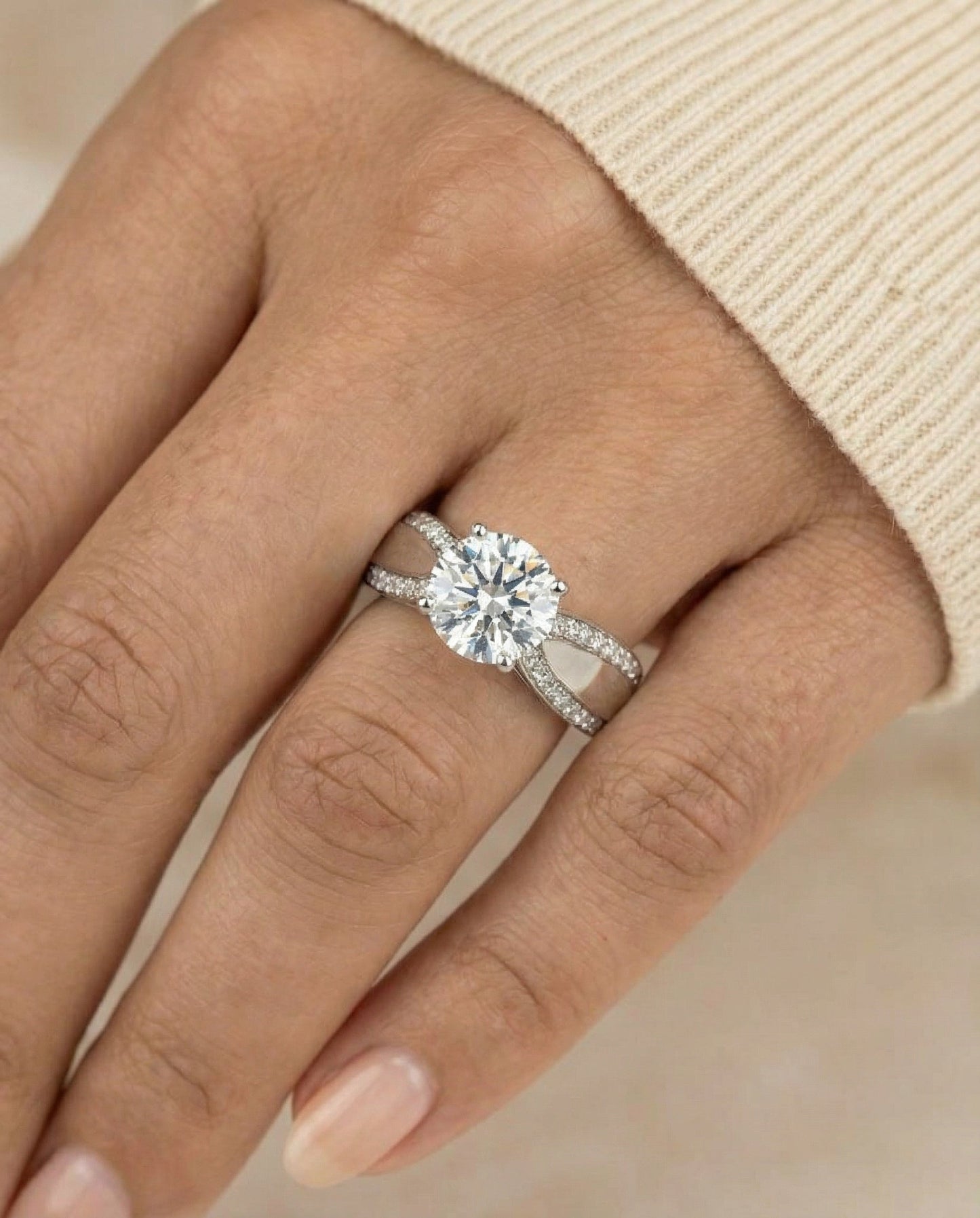 Iola Select bold solitaire secret side pavé round ring in 14K White Gold — side — RockHer
