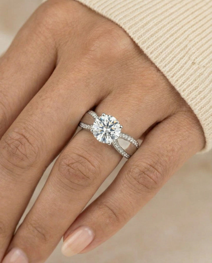 Iola Select bold solitaire secret side pavé round ring in 14K White Gold — side — RockHer