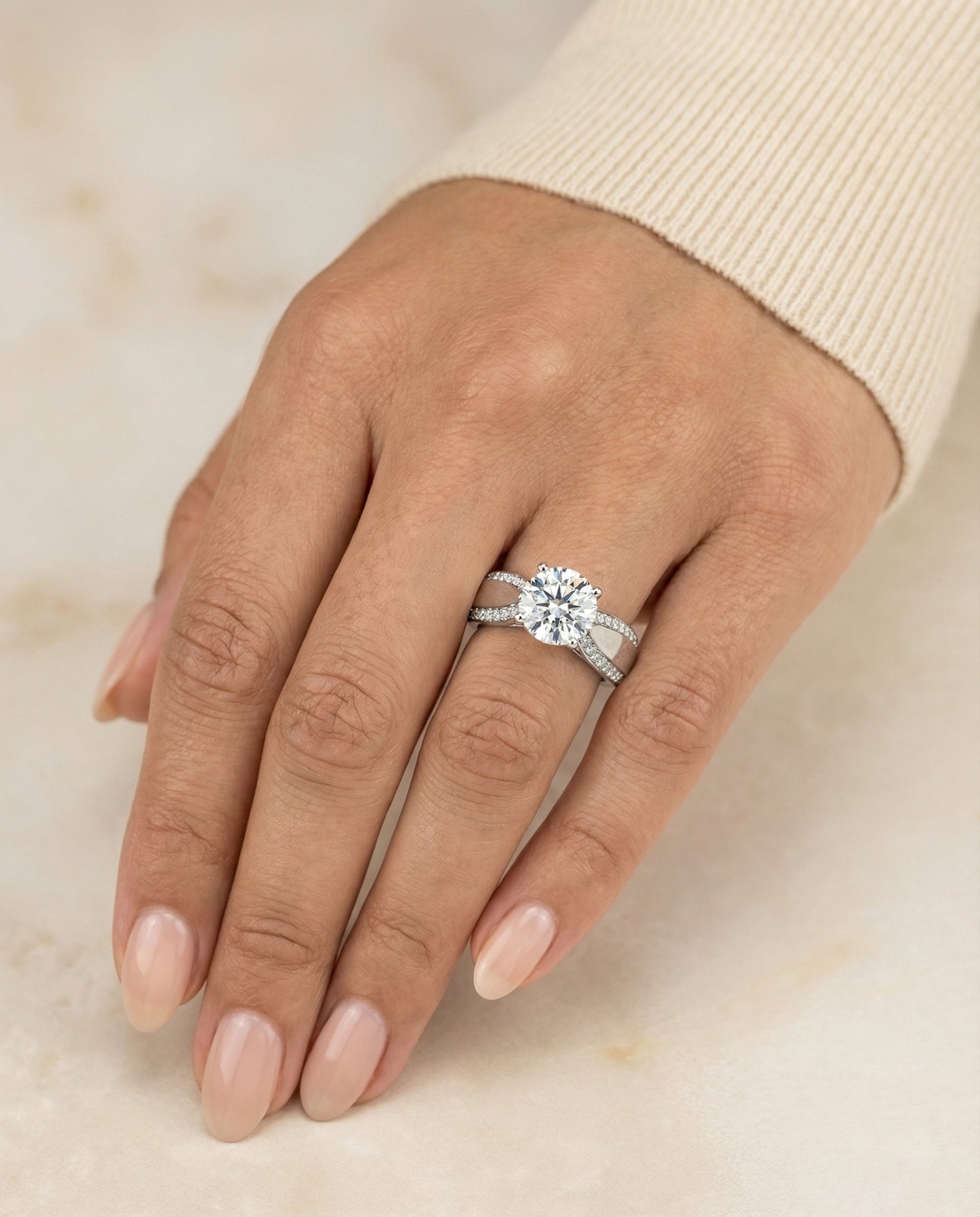 Iola Select bold solitaire secret side pavé round ring in 14K White Gold — front — RockHer