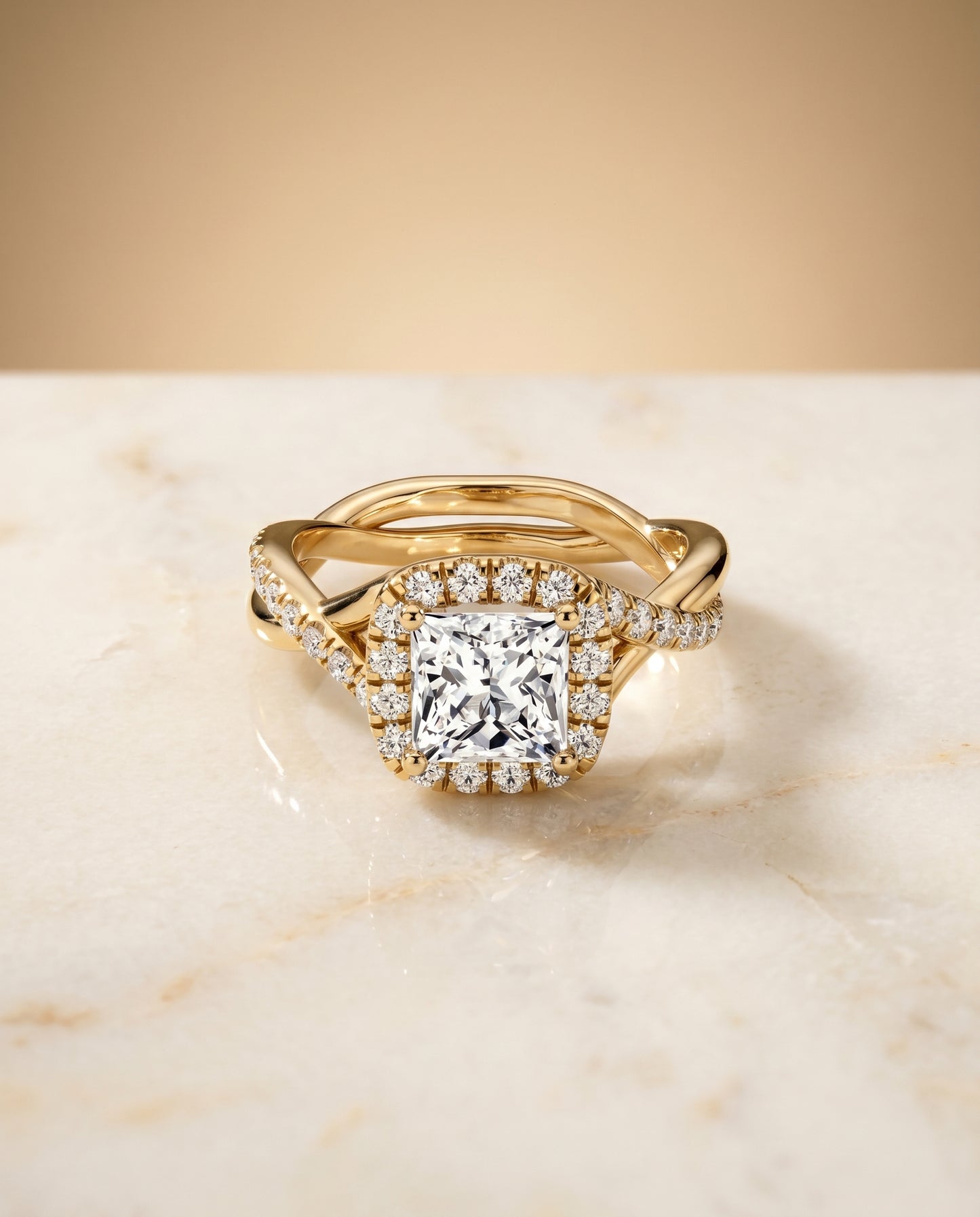 Bold Twist Pavé Halo Princess, in 18K Yellow Gold, pave setting – angled view | RockHer