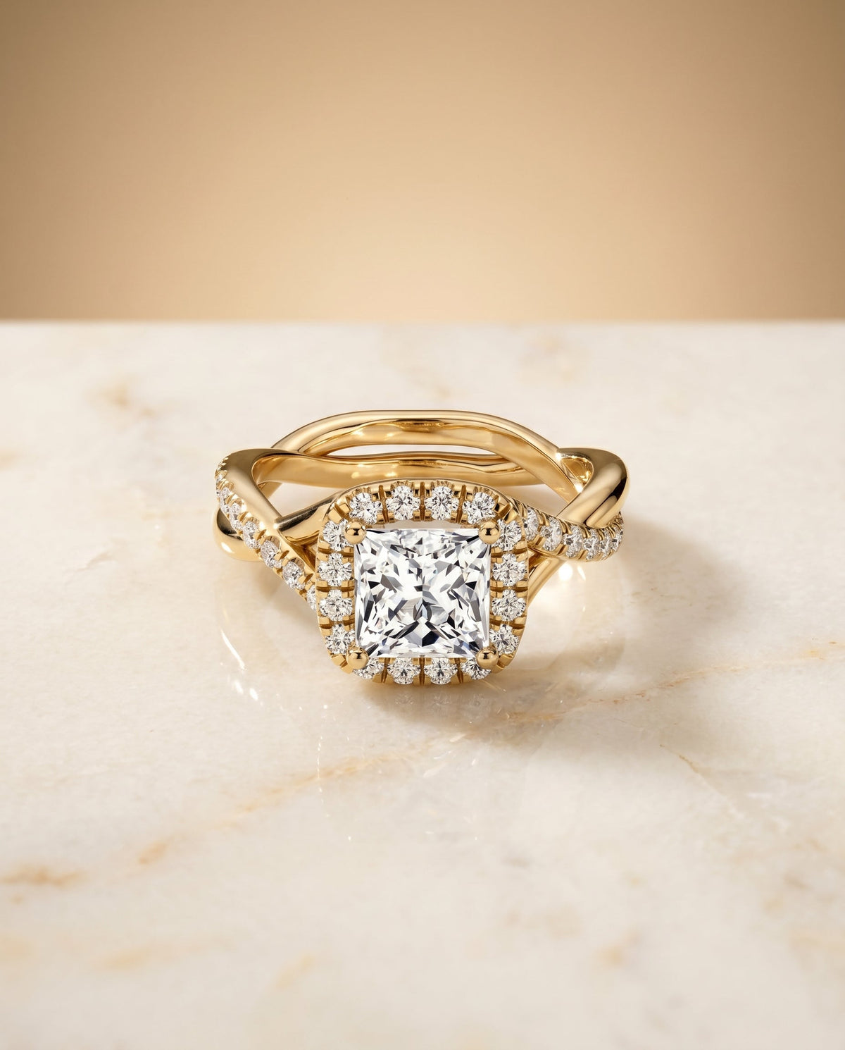 Bell Select Bold Twist Pavé Halo Princess Cut Lab Diamond Engagement Ring in 18K Yellow Gold, alternate angle | RockHer