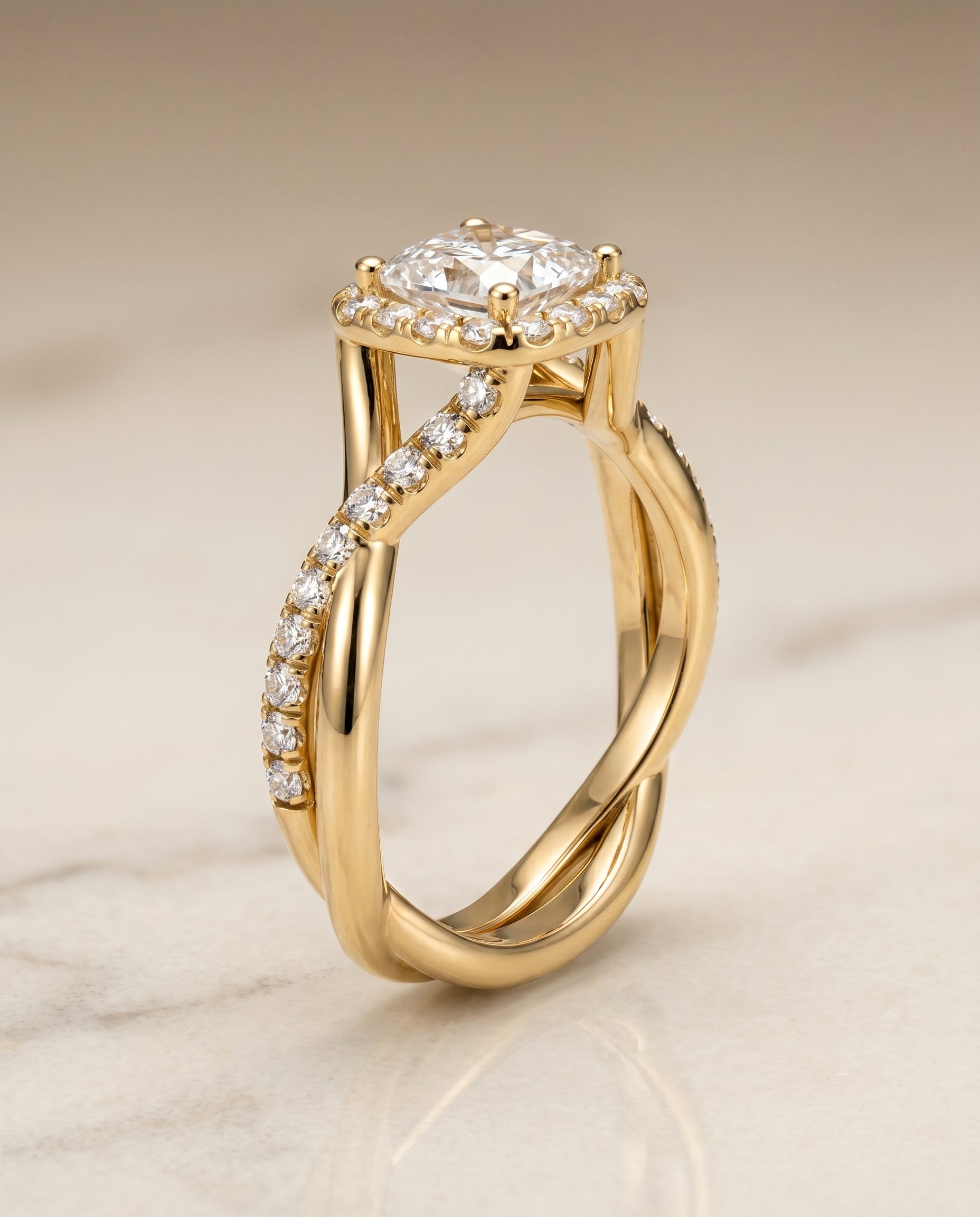Bold Twist Pavé Halo styling on The Bell princess engagement ring setting | RockHer