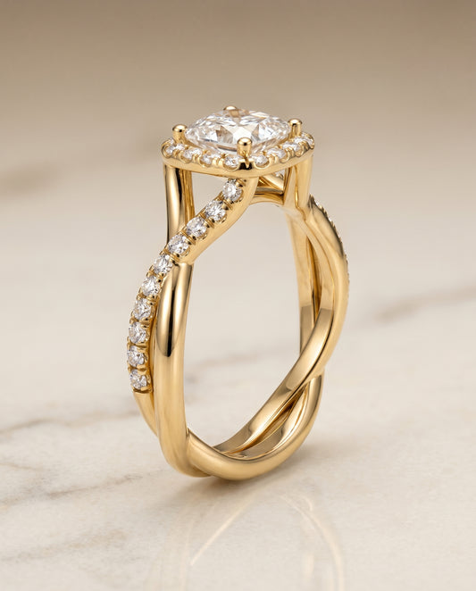 The Bell Bold Twist Pavé Halo Princess in 14K Yellow Gold