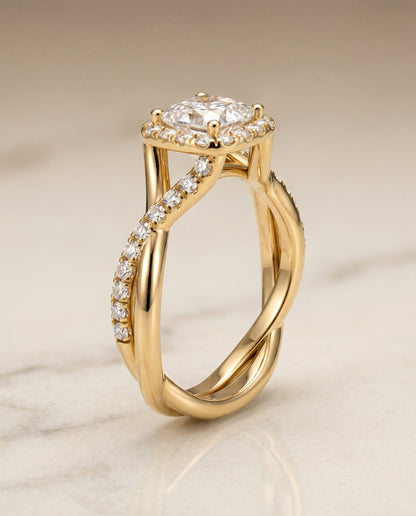 Bell Select Bold Twist Pavé Halo Princess Cut Lab Diamond Engagement Ring in 18K Yellow Gold, front view | RockHer