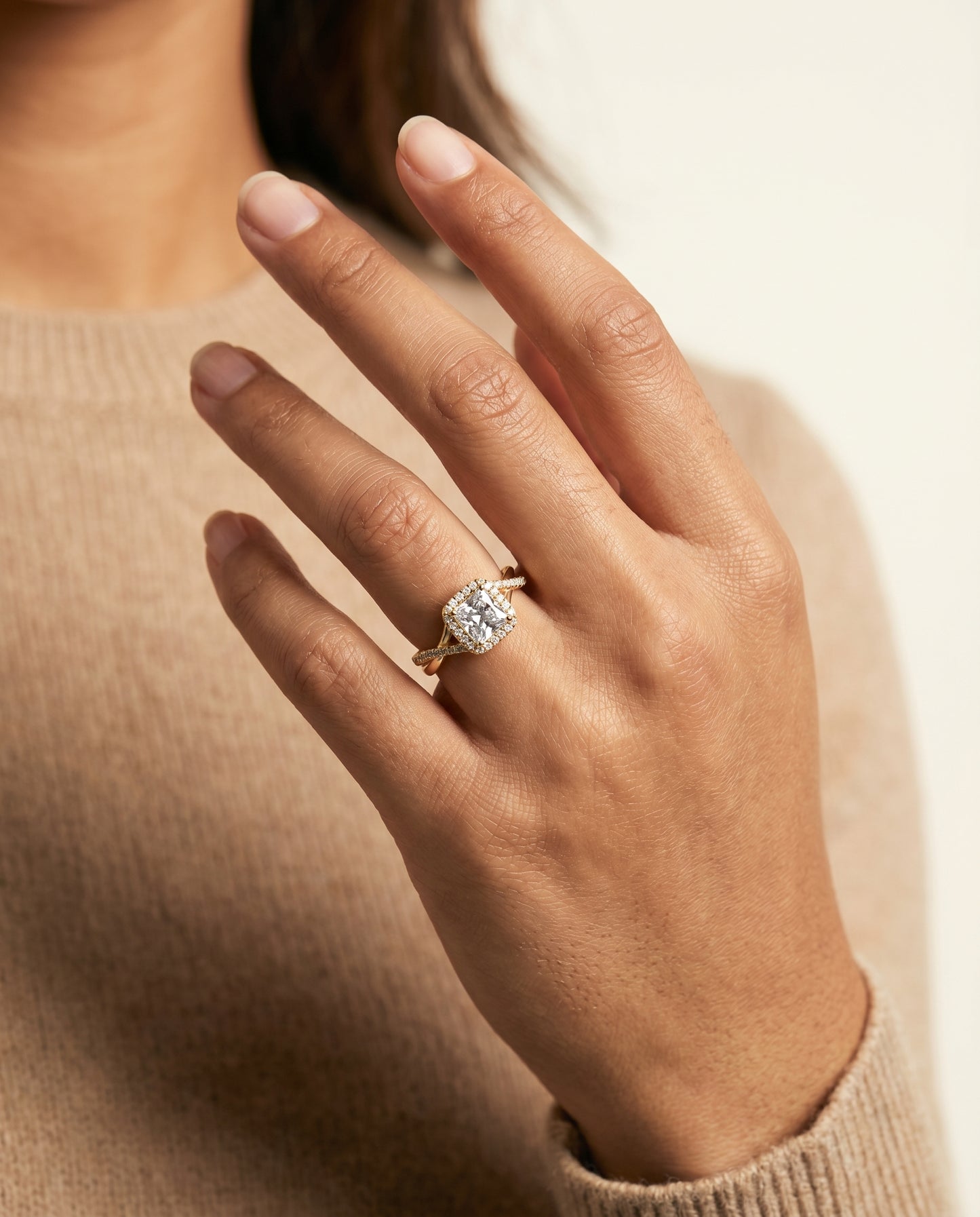 Bold Twist Pavé Halo Princess, in 18K Yellow Gold, pave setting – lifestyle shot | RockHer