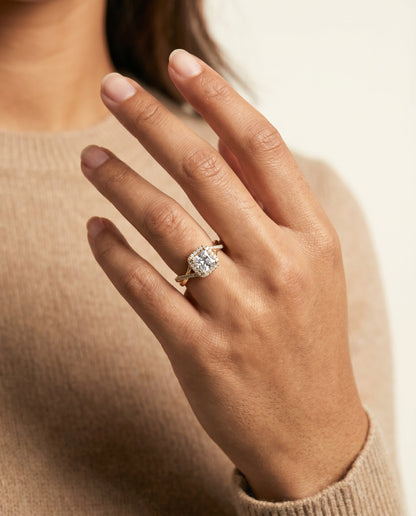 Bell Select Bold Twist Pavé Halo Princess Cut Lab Diamond Engagement Ring in 18K Yellow Gold, shown on hand | RockHer