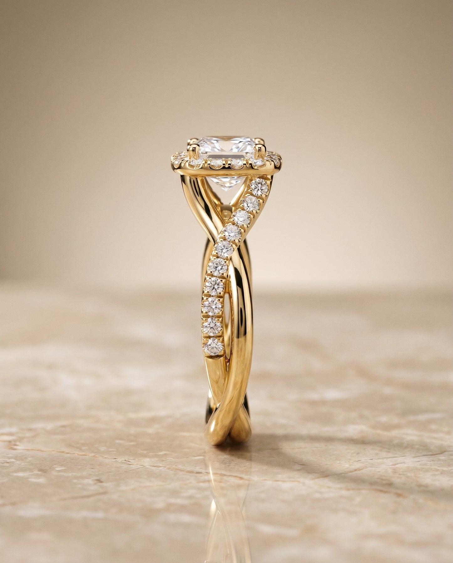 Bold Twist Pavé Halo Princess, in 18K Yellow Gold, pave setting – side profile | RockHer