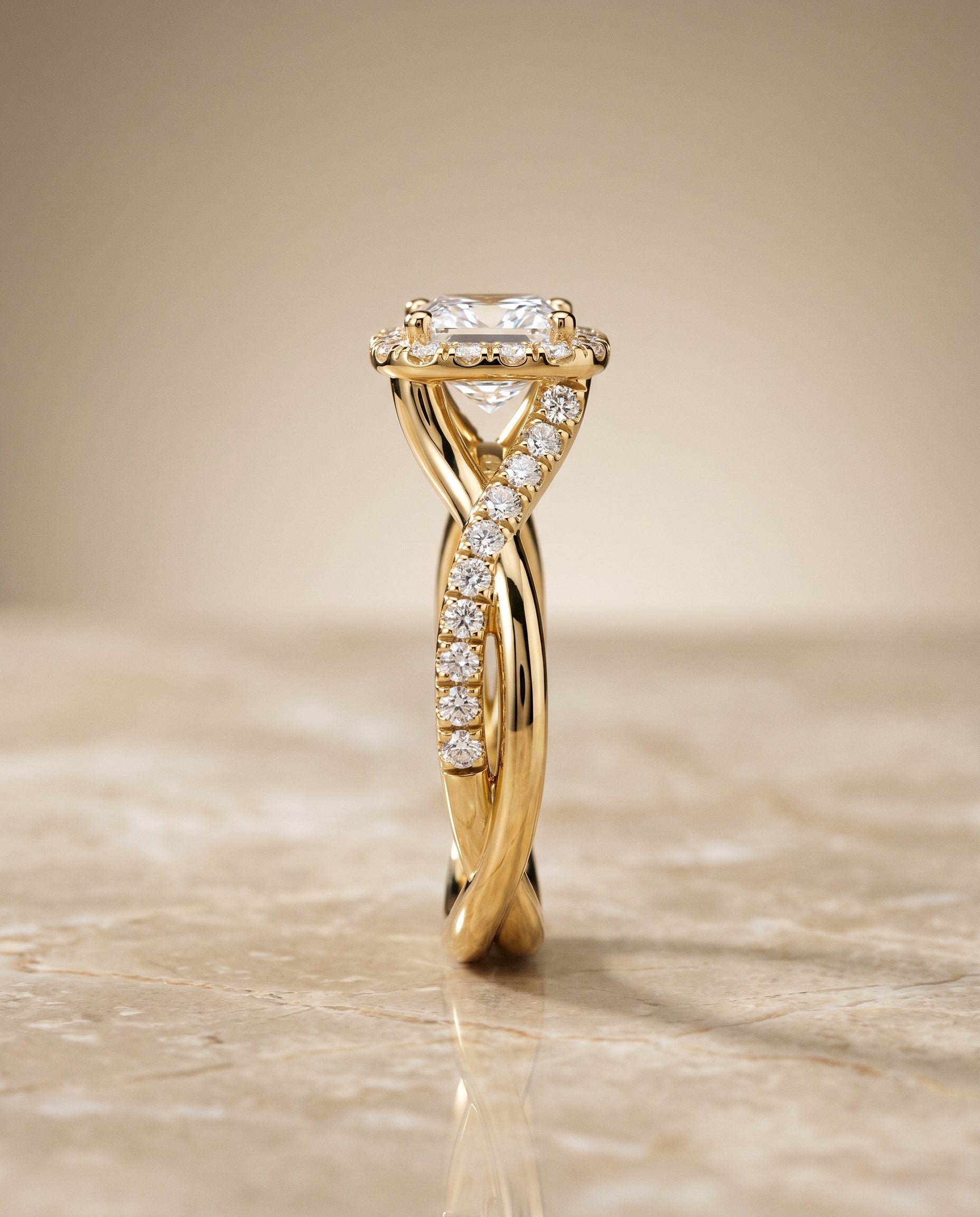 Bell Select Bold Twist Pavé Halo Princess Cut Lab Diamond Engagement Ring in 18K Yellow Gold, side view | RockHer