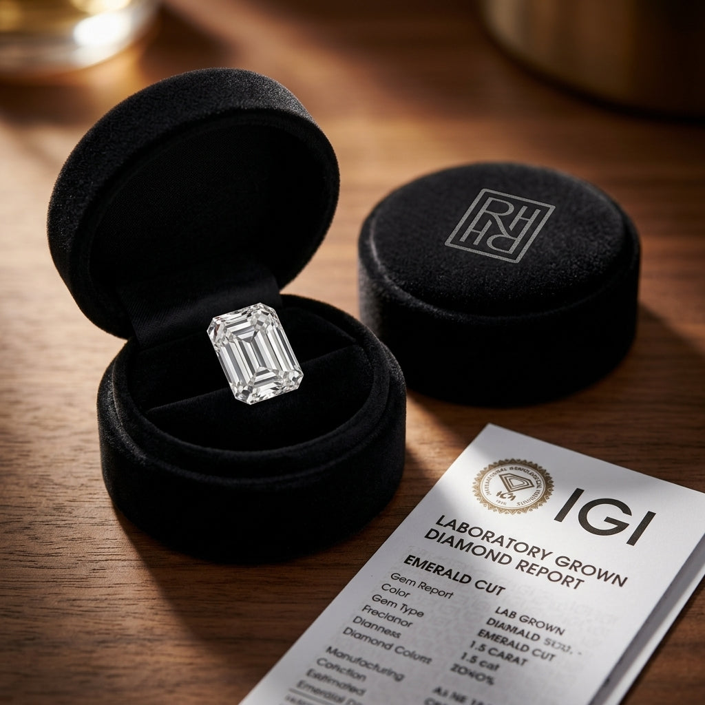 1-1/4 Carat Emerald Lab Grown Diamond, RockHer atelier presentation box