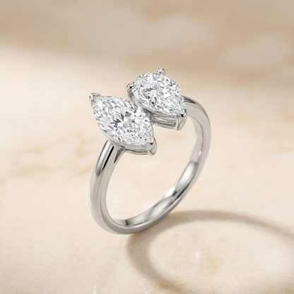 14K White Gold Brandy Toi et Moi Select Marquise & Pear Lab Diamond Engagement Ring - Alt angle on warm marble
