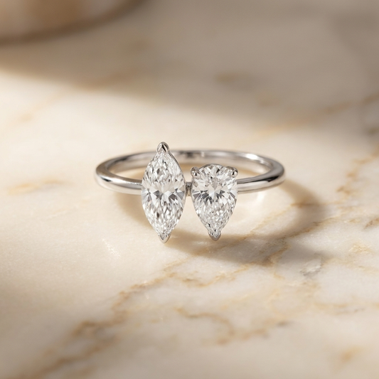 14K White Gold Brandy Toi et Moi Select Marquise & Pear Lab Diamond Engagement Ring - Hero on warm marble