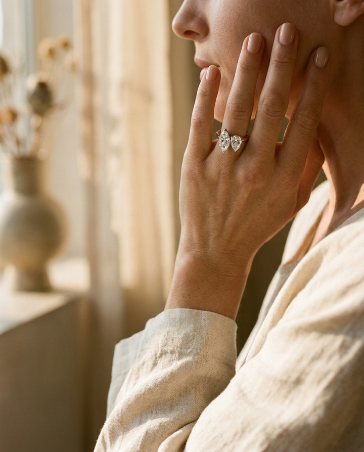 14K White Gold Brandy Toi et Moi Select Marquise & Pear Lab Diamond Engagement Ring - Lifestyle scene with hand model