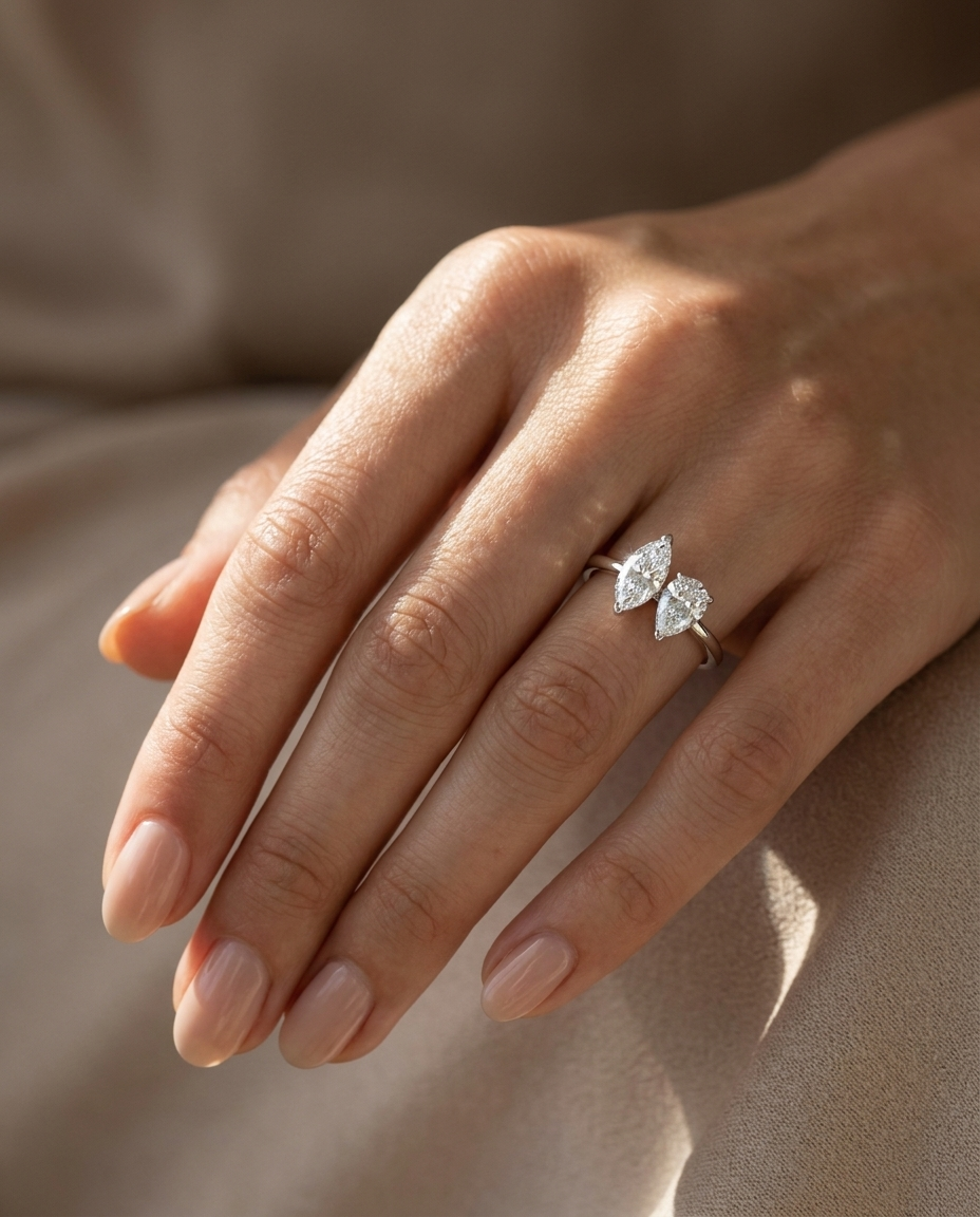 14K White Gold Brandy Toi et Moi Select Marquise & Pear Lab Diamond Engagement Ring - Ring on hand model