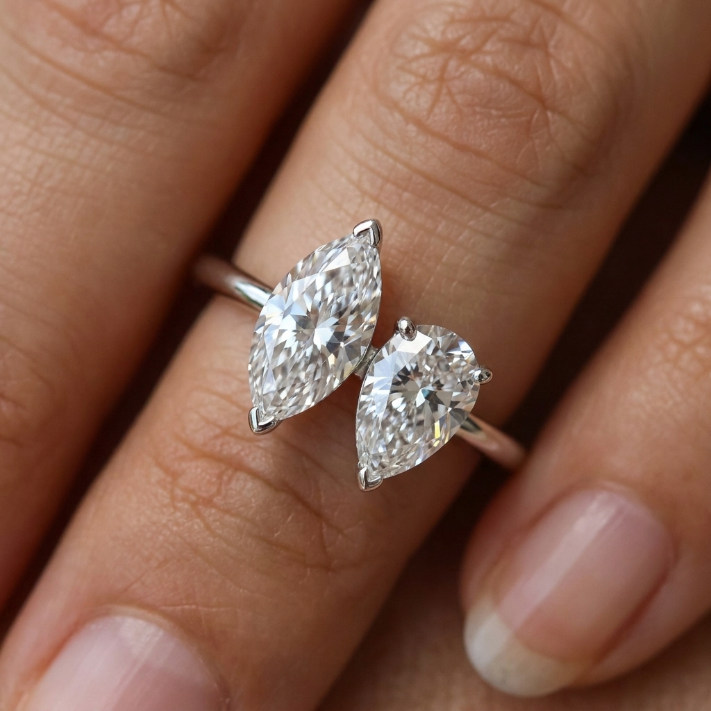 14K White Gold Brandy Toi et Moi Select Marquise & Pear Lab Diamond Engagement Ring - Macro close-up on finger