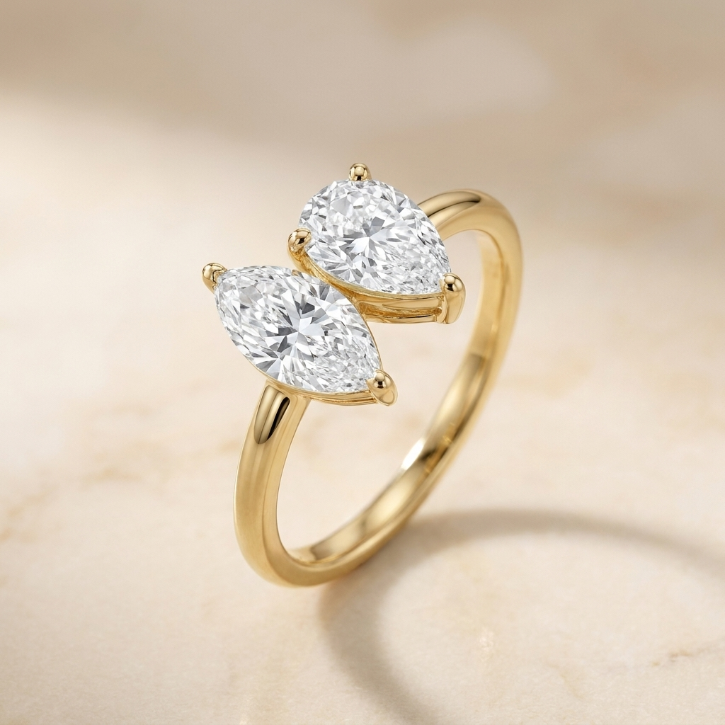 14K Yellow Gold Brandy Toi et Moi Select Marquise & Pear Lab Diamond Engagement Ring - Alt angle on warm marble