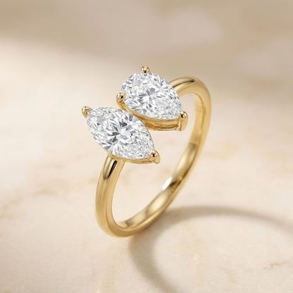 14K Yellow Gold Brandy Toi et Moi Select Marquise & Pear Lab Diamond Engagement Ring - Alt angle on warm marble