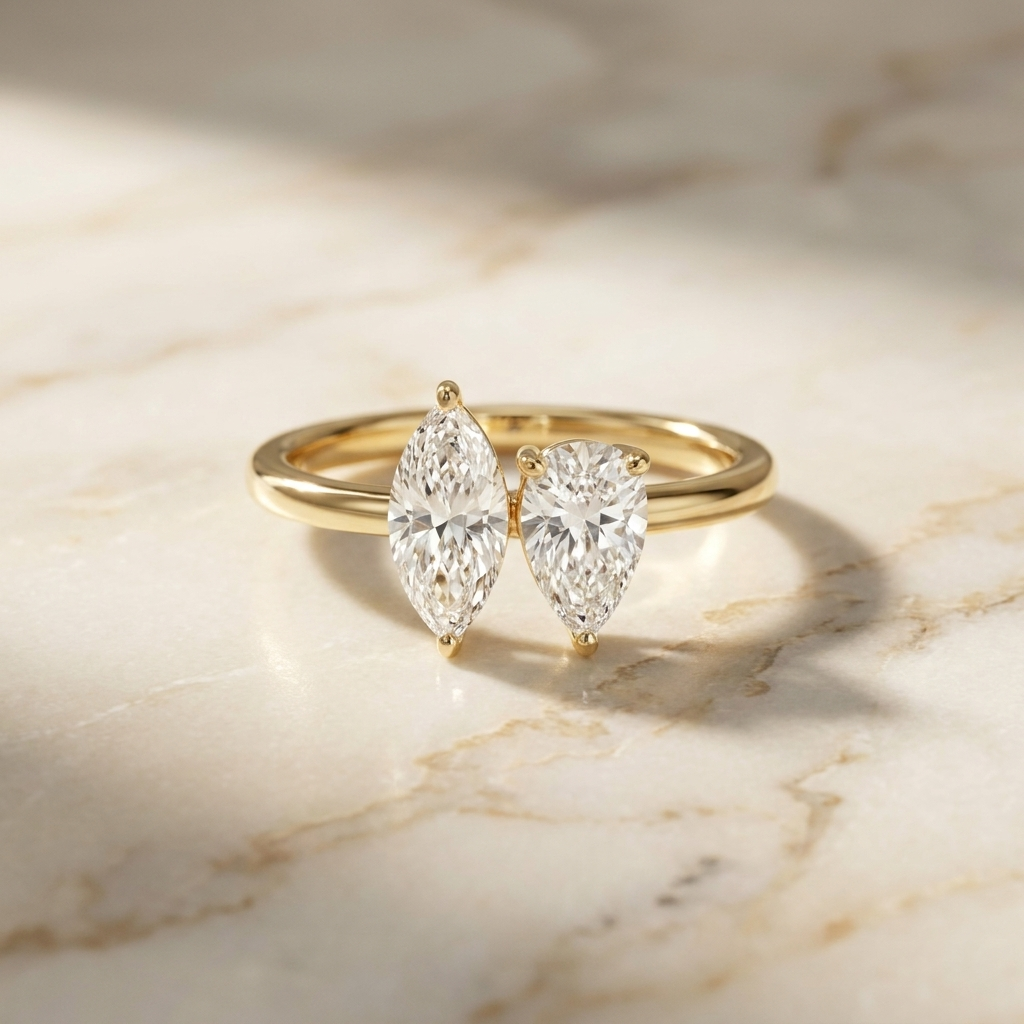 14K Yellow Gold Brandy Toi et Moi Select Marquise & Pear Lab Diamond Engagement Ring - Hero on warm marble