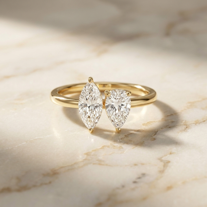 14K Yellow Gold Brandy Toi et Moi Select Marquise & Pear Lab Diamond Engagement Ring - Hero on warm marble