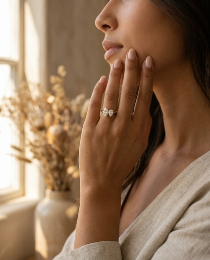 14K Yellow Gold Brandy Toi et Moi Select Marquise & Pear Lab Diamond Engagement Ring - Lifestyle scene with hand model