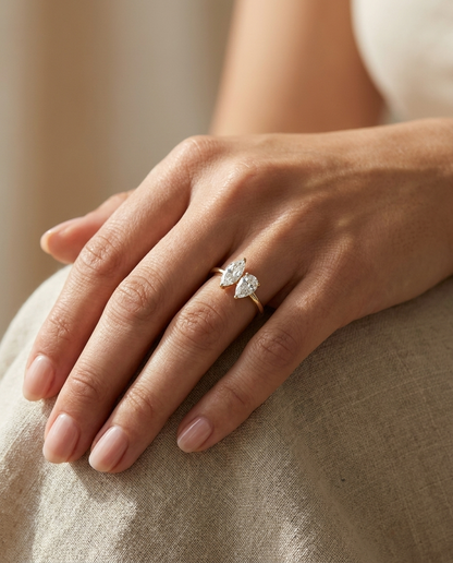 14K Yellow Gold Brandy Toi et Moi Select Marquise & Pear Lab Diamond Engagement Ring - Ring on hand model