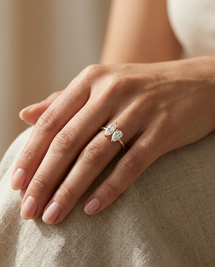 14K Yellow Gold Brandy Toi et Moi Select Marquise & Pear Lab Diamond Engagement Ring - Ring on hand model