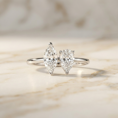 18K White Gold Brandy Toi et Moi Select Marquise & Pear Lab Diamond Engagement Ring - Hero on warm marble