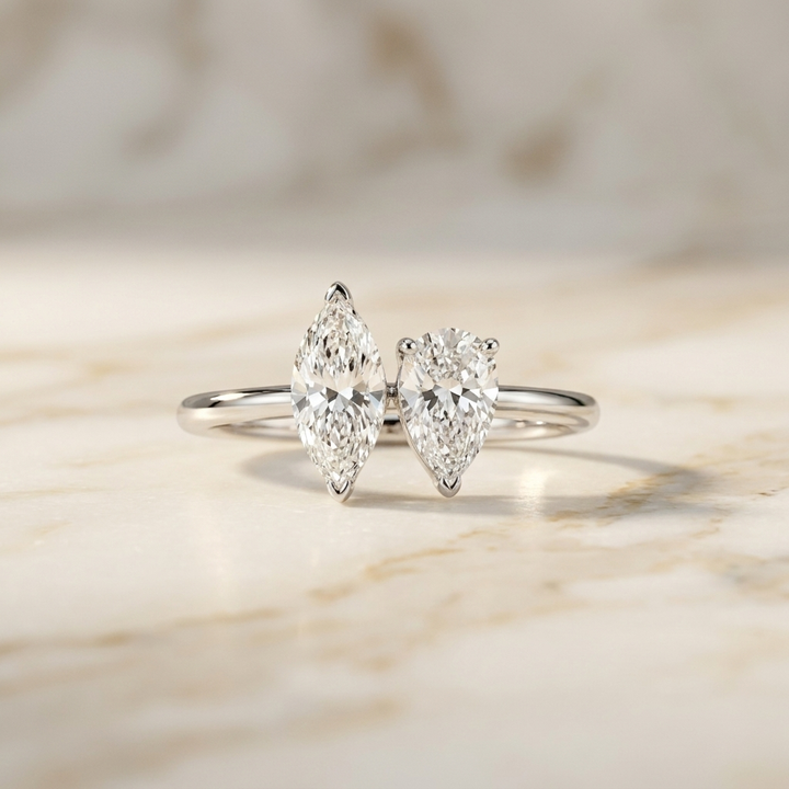 18K White Gold Brandy Toi et Moi Select Marquise & Pear Lab Diamond Engagement Ring - Hero on warm marble