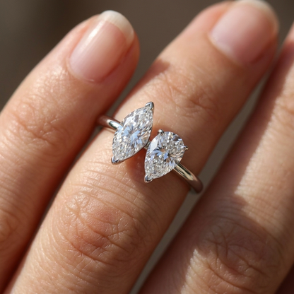 Platinum Brandy Toi et Moi Select Marquise & Pear Lab Diamond Engagement Ring - Macro close-up on finger