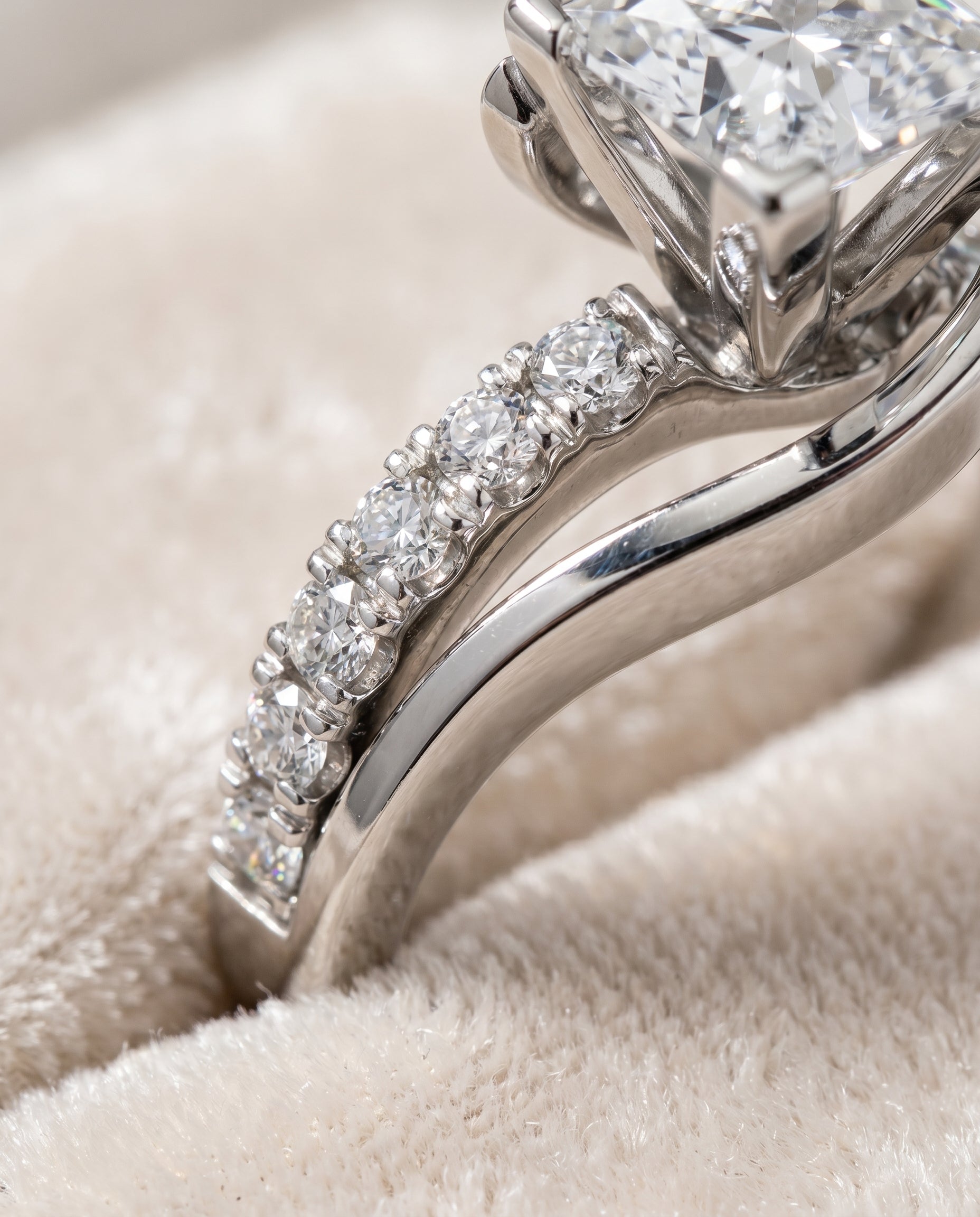 Tatyana Select Bypass Pavé Swirl Princess Cut Lab Diamond Engagement Ring in 18K White Gold, detail view | RockHer