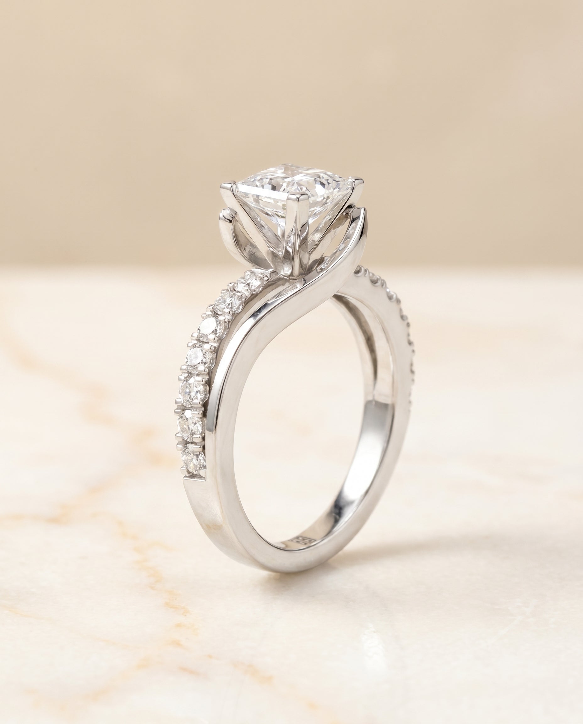 Bypass Pavé Swirl styling on The Tatyana princess engagement ring setting | RockHer