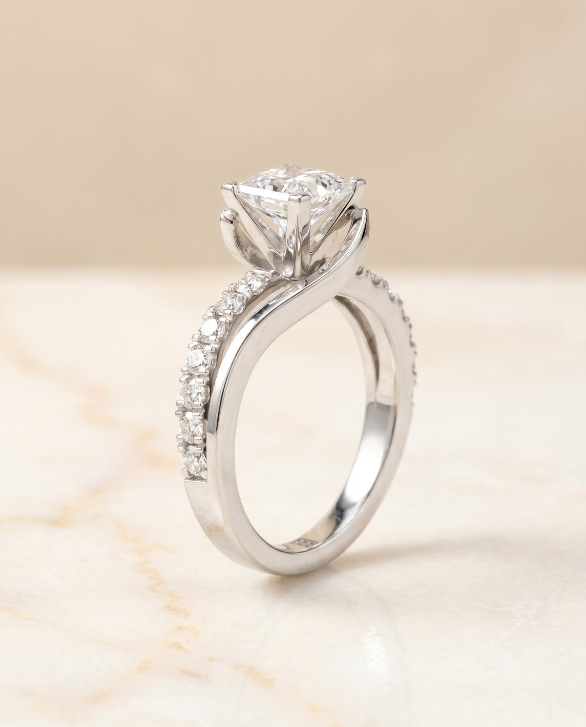 Tatyana Select Bypass Pavé Swirl Solitaire Princess Cut Lab Diamond Engagement Ring in Platinum, front view | RockHer