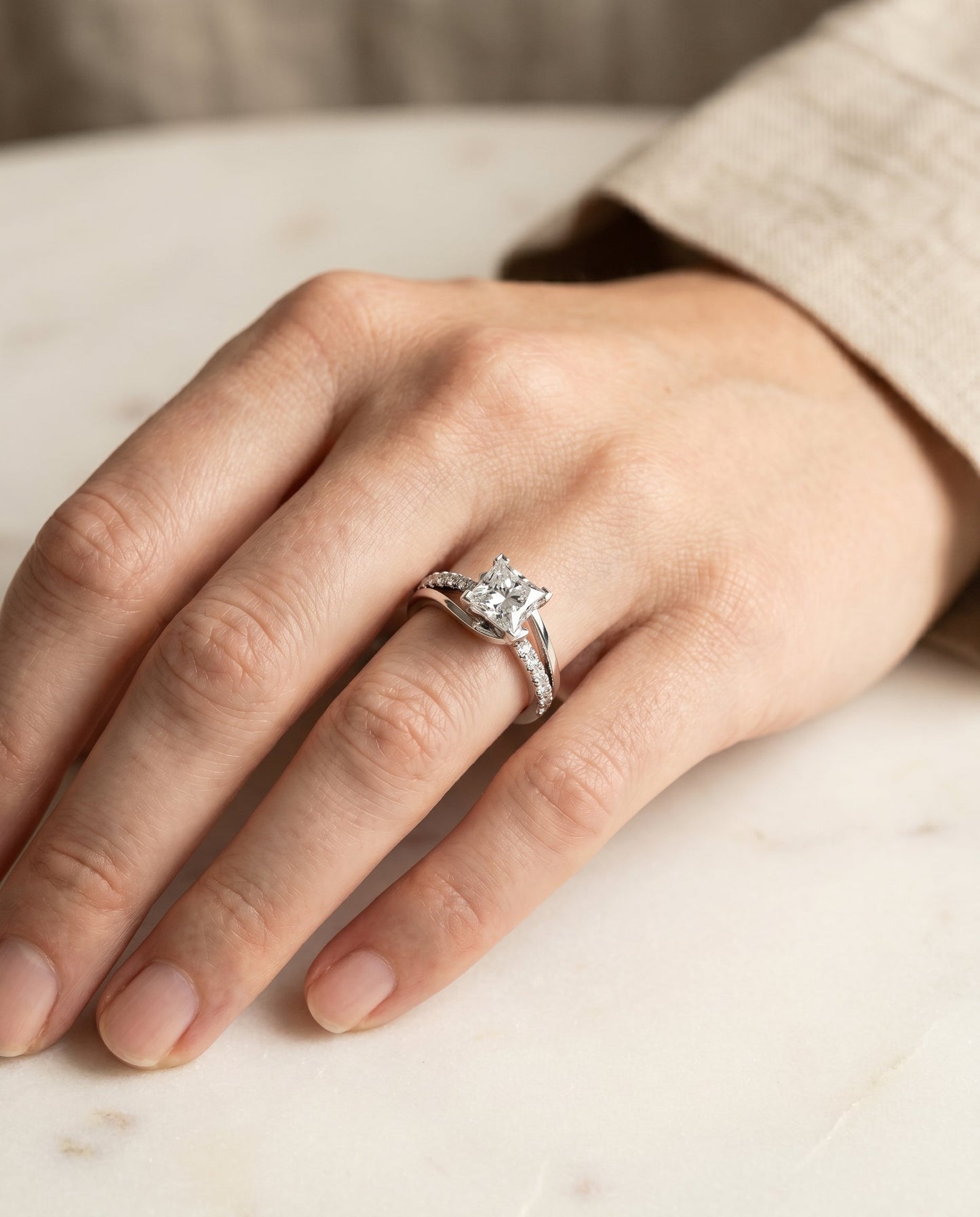 Tatyana Select Bypass Pave Swirl Princess Cut Solitaire in 14K White Gold – view 3