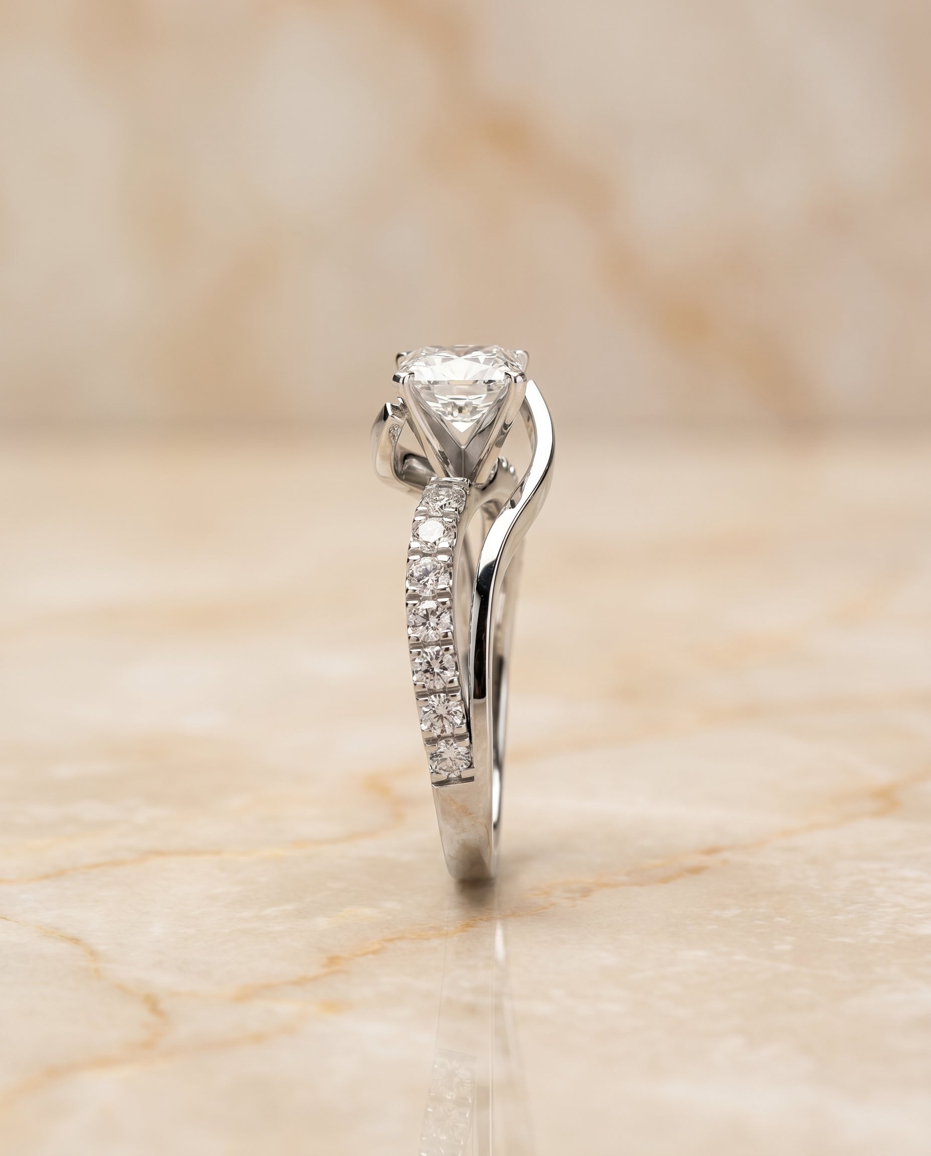The Tatyana bypass pavé swirl engagement ring setting, shown in 18K White Gold | RockHer