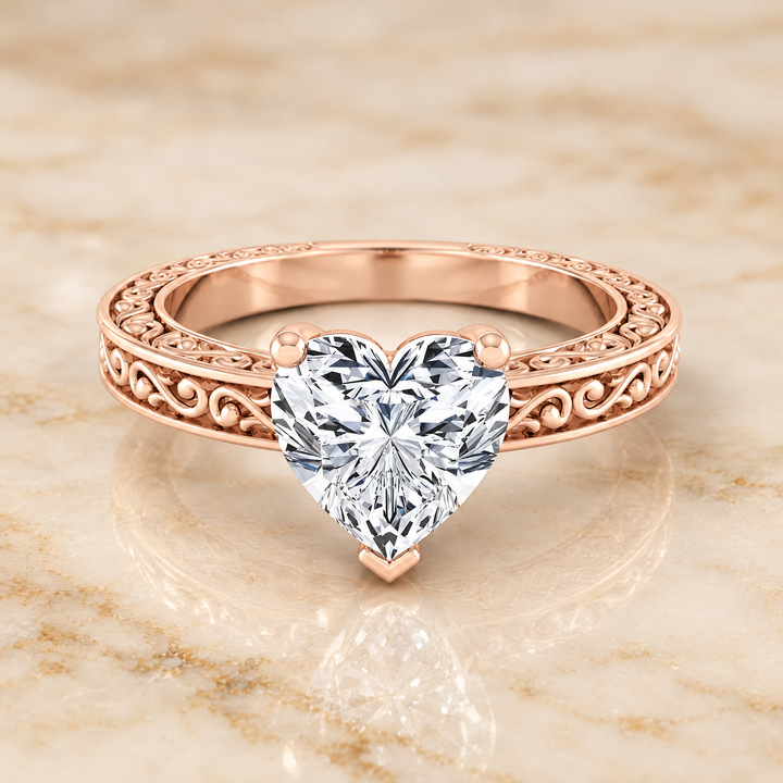 The Veronica Hand Engraved Scroll Vintage Solitaire Heart Engagement Ring Setting in 14K Rose Gold