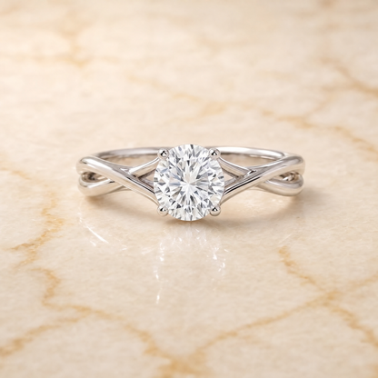 The Grace Twisted Shank Hidden Halo Solitaire Round Engagement Ring Setting in 18K White Gold
