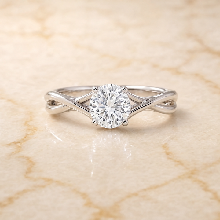 The Grace Twisted Shank Hidden Halo Solitaire Round Engagement Ring Setting in 18K White Gold