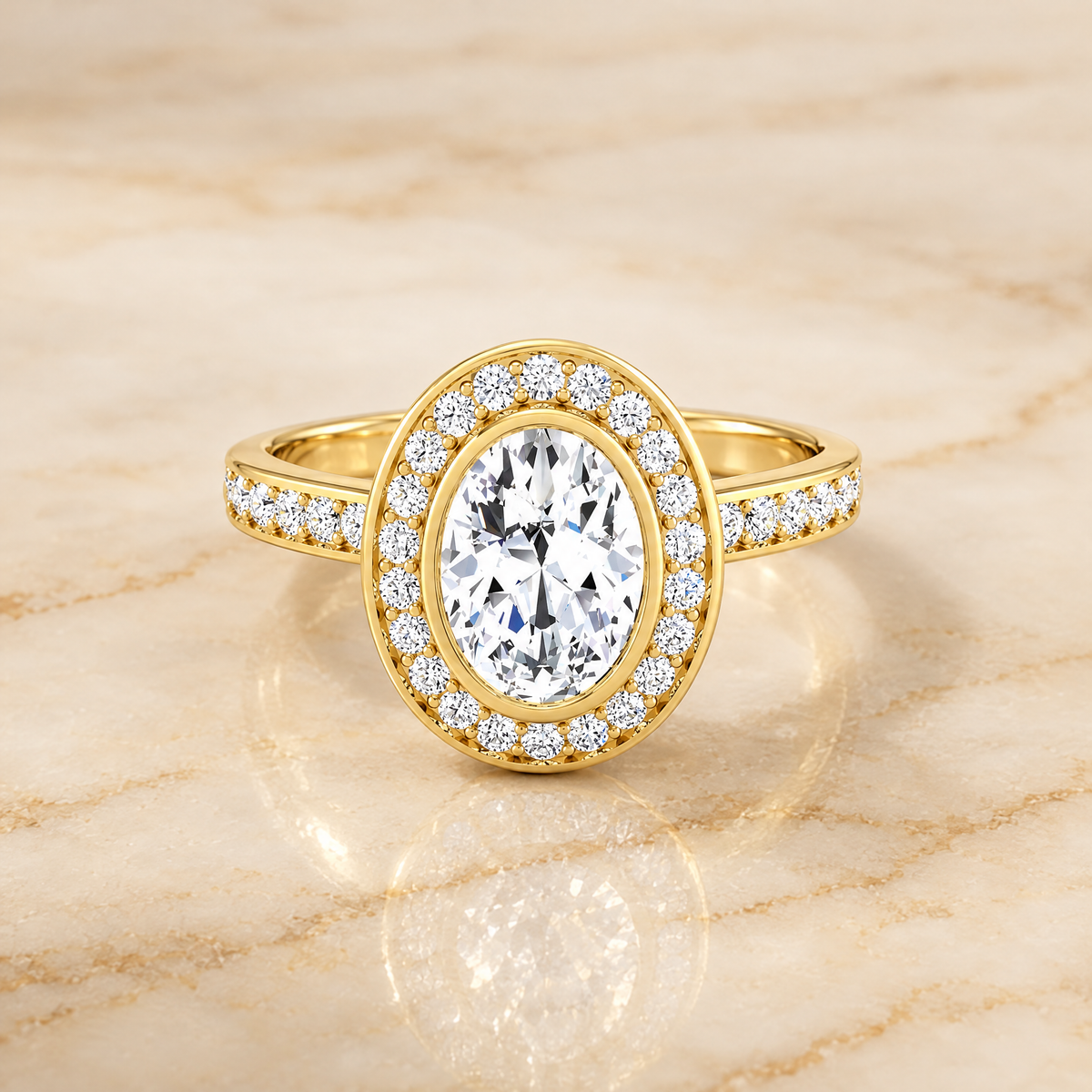 Oval engagement ring setting in 18K Yellow Gold, Marcia Bezel Halo Channel Band Oval | RockHer