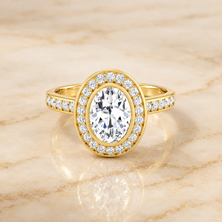 The Marcia Bezel Halo Channel Band Oval Engagement Ring Setting in 18K Yellow Gold