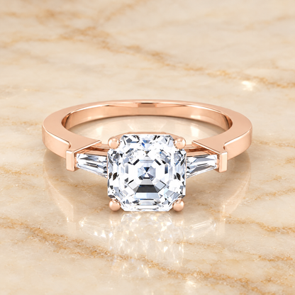 The June Three Stone Asscher Cut Engagement Ring Setting in 14K Rose Gold